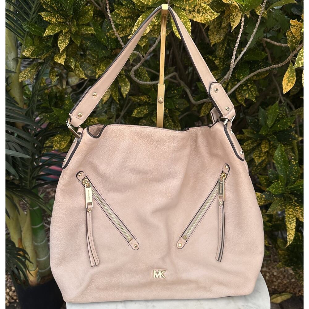 Pink buff Michael Kors Evie Large Pebbled Leather Hobo Bag Slouch